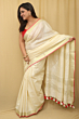 Semi Linen Saree with Golden Zari Mini Box Weaving & Red Border - White Premium Look