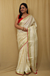 Semi Linen Saree with Golden Zari Mini Box Weaving & Red Border - White Premium Look