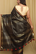Semi Linen Saree with Golden Zari Mini Box Weaving & Red Border - Black Premium Look