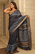 Navy Blue Bhagalpur Kota Mangalgiri Silk Saree - Premium Discharge Print Design with Blouse Piece