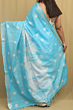 Semi Linen Shibori Design Saree with Silver Zari Border & Running Blouse - Light Firoza Color Premium Look