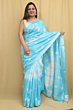 Semi Linen Shibori Design Saree with Silver Zari Border & Running Blouse - Light Firoza Color Premium Look