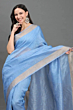 Handloom Plus Sky Elegance Handwoven Kota Linen Saree with Zari Border | Lightweight Breathable Summer Saree | Sky Blue