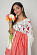 Linen Embroidery Saree Half & Half Design with Plain Border & Running Blouse - 100 Count Premium Linen