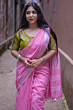 Baby Pink Semi Linen Saree with Silver Zari Border & Running Blouse Piece - Premium Casual Wear
