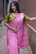 Baby Pink Semi Linen Saree with Silver Zari Border & Running Blouse Piece - Premium Casual Wear