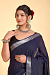 Navy Blue Semi Linen Saree with Silver Zari Border & Running Blouse Piece - Premium Casual Wear