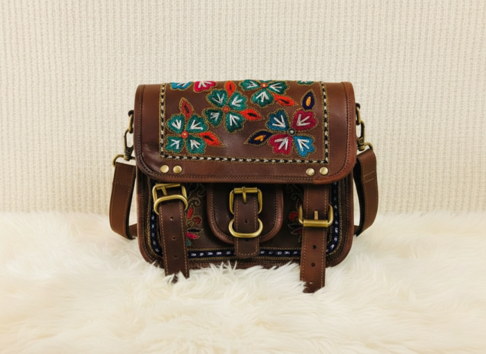 Vintage Brown Floral Embroidered Leather Bag