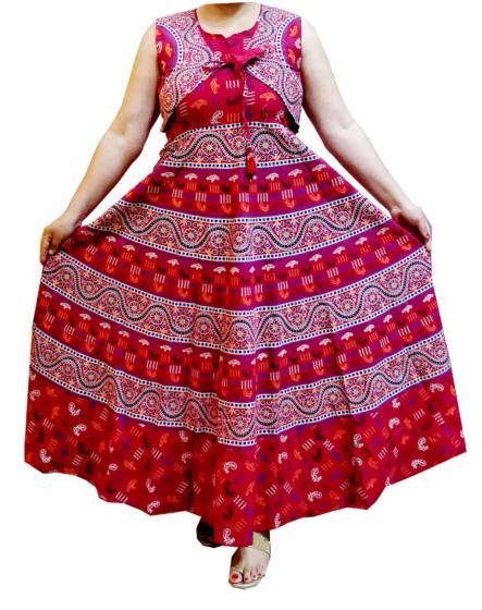 Red Pink Cotton Printed Gown