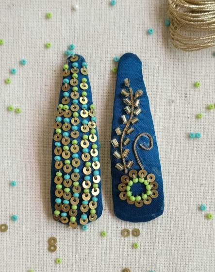 Handcrafted Blue Fabric Hair Clips with Sequin, Bead & Zari Work - Set of 2