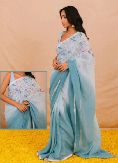 Linen Embroidery Saree Half & Half Design with Plain Border & Running Blouse - 100 Count Premium Linen