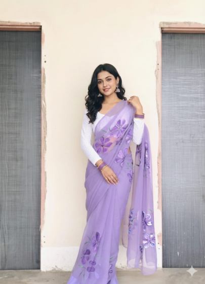 Handmade Purple Floral Saree for Women Festive and Wedding Wear