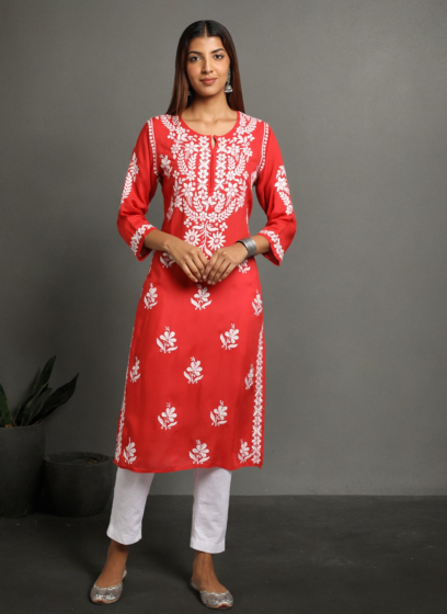Red Modal Chikankari Women Kurta (XL)