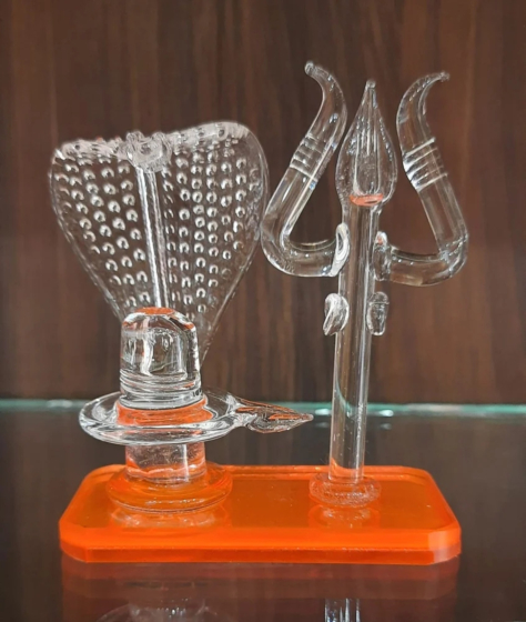 Crystal Trishul & Shivling Glass Showpiece
