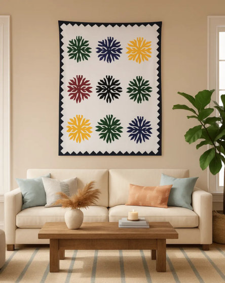 White Tapestry with Colorful Applique Designs | Decorative Wall Hanging