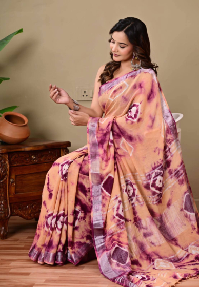 Semi Linen Shibori Design Saree with Silver Zari Border & Running Blouse - Multi Color Premium Look