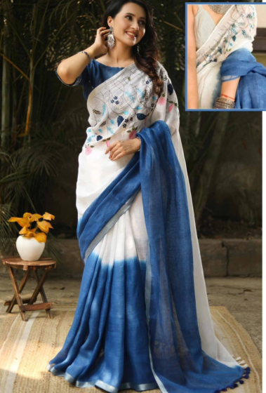 Linen Embroidery Saree Half & Half Design with Plain Border & Running Blouse - 100 Count Premium Linen