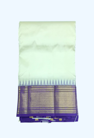 Cream Dhothi with Violet Thazhampoo Tower korvai border | Pure Gold zari