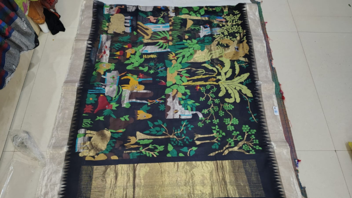Ponduru Khadi Jamdani Alwar Saree in Black with Gold Zari