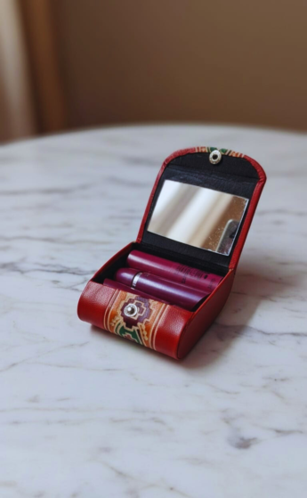 Handcrafted Leather Lipstick Case with Mirror for 3 Lipsticks