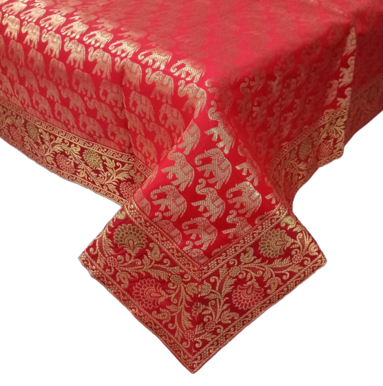 Brocade Silk Table Cloth Square 1 Meter x 1 Meter | Decorative Dining Table Mat with Golden Jacquard Weave | Elegant Home Decor for Festive & Special Occasions - Red