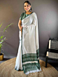 Elegant Semi Linen Saree with Silver Zari Border | White & Green