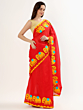 Applique Work Women Red Cotton Mulmul Saree, Without Blouse
