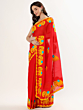 Applique Work Women Red Cotton Mulmul Saree, Without Blouse