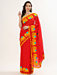 Applique Work Women Red Cotton Mulmul Saree, Without Blouse