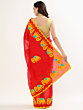 Applique Work Women Red Cotton Mulmul Saree, Without Blouse