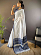 Elegant Semi Linen Saree with Silver Zari Border | White & Blue