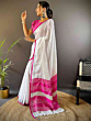 Elegant Semi Linen Saree with Silver Zari Border | White & Pink