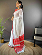Elegant Semi Linen Saree with Silver Zari Border | White & Red