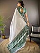 Elegant Semi Linen Saree with Silver Zari Border | White & Green