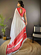 Elegant Semi Linen Saree with Silver Zari Border | White & Red