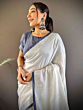 Elegant Semi Linen Saree with Silver Zari Border | White & Blue