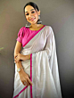 Elegant Semi Linen Saree with Silver Zari Border | White & Pink