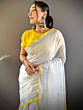 Elegant Semi Linen Saree with Silver Zari Border | White & Yellow
