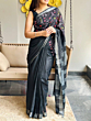 Linen Embroidery Saree Half & Half Design with Plain Border & Running Blouse - 100 Count Premium Linen