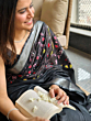 Linen Embroidery Saree Half & Half Design with Plain Border & Running Blouse - 100 Count Premium Linen