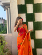 Chiffon Saree with Hand-Printed Hibiscus Flowers 