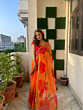 Chiffon Saree with Hand-Printed Hibiscus Flowers 