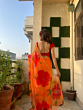 Chiffon Saree with Hand-Printed Hibiscus Flowers 