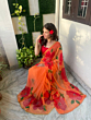 Chiffon Saree with Hand-Printed Hibiscus Flowers 