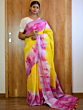Bhagalpur Pure Linen Cotton Saree | Shibori Pattern | Pink & Yellow