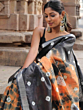 Handloom Pure Bhagalpuri Linen Cotton Saree | Black & Orange