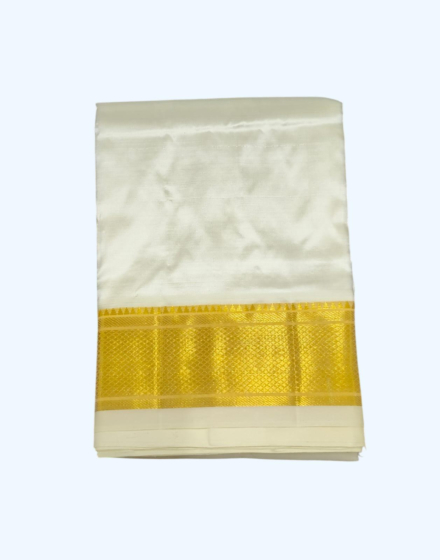 Silk Dhothi with Diamond Zari Check Border | Mini Line Stripe | Cream | AT 4773