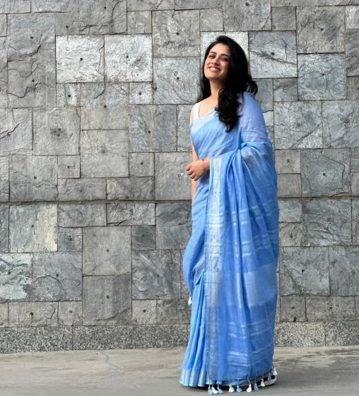 Pure Linen Saree with Silver Zari Border – Sky Blue Premium Look