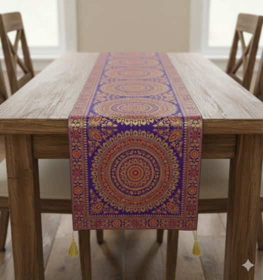 Premium Banarasi Brocade Silk Table Runner -Ethnic Mandala Design  16 x 72 inches - 6 Ft Long - Voilet