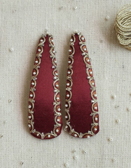 Handcrafted Maroon Fabric Hair Clips with Zari & Bead Work  - Set of 2